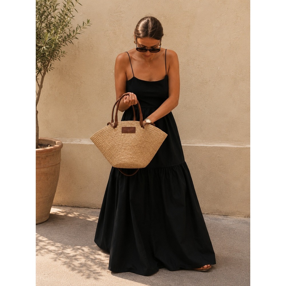 Commense Black Backless Tiered Maxi Dress Boho Evening Cocktail Dress S